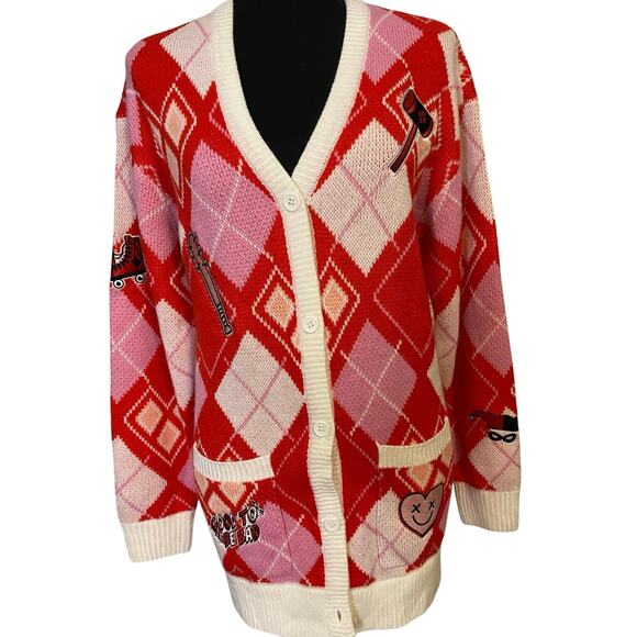 DC‎ Comics Harley Quinn Diamond Argyle Red Pink White Cardigan Size SM - Picture 1 of 9
